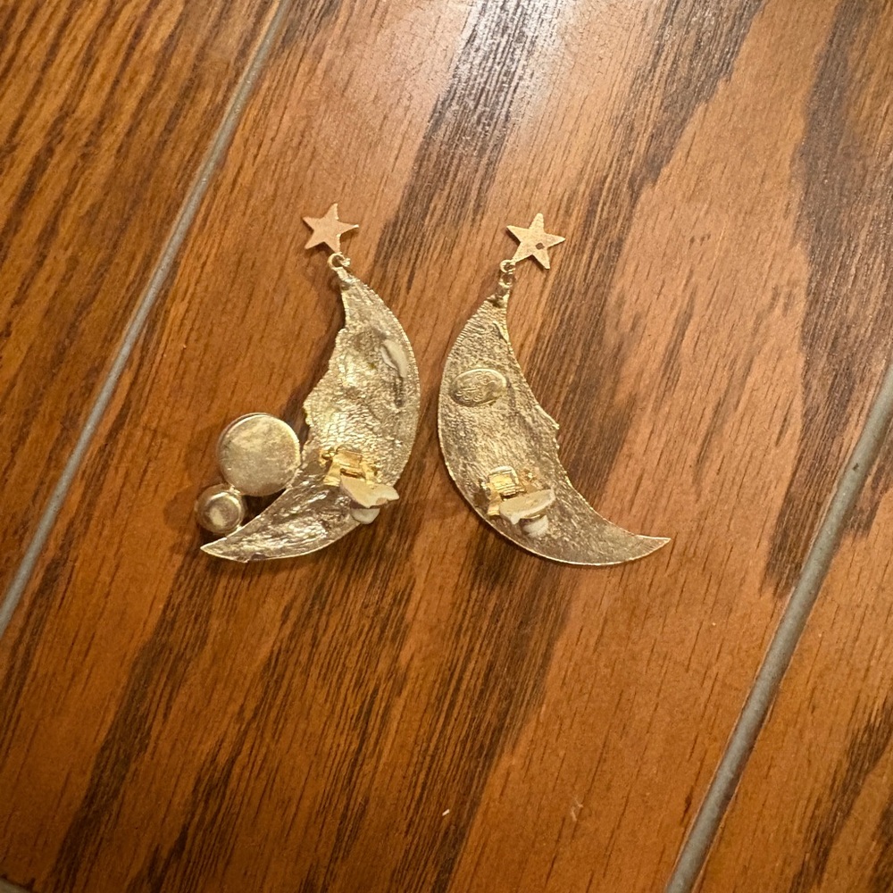 Vintage Kirks Folly Gold Moon Face Star Earrings with Compass and Crystal Accent - Picture 3 of 7